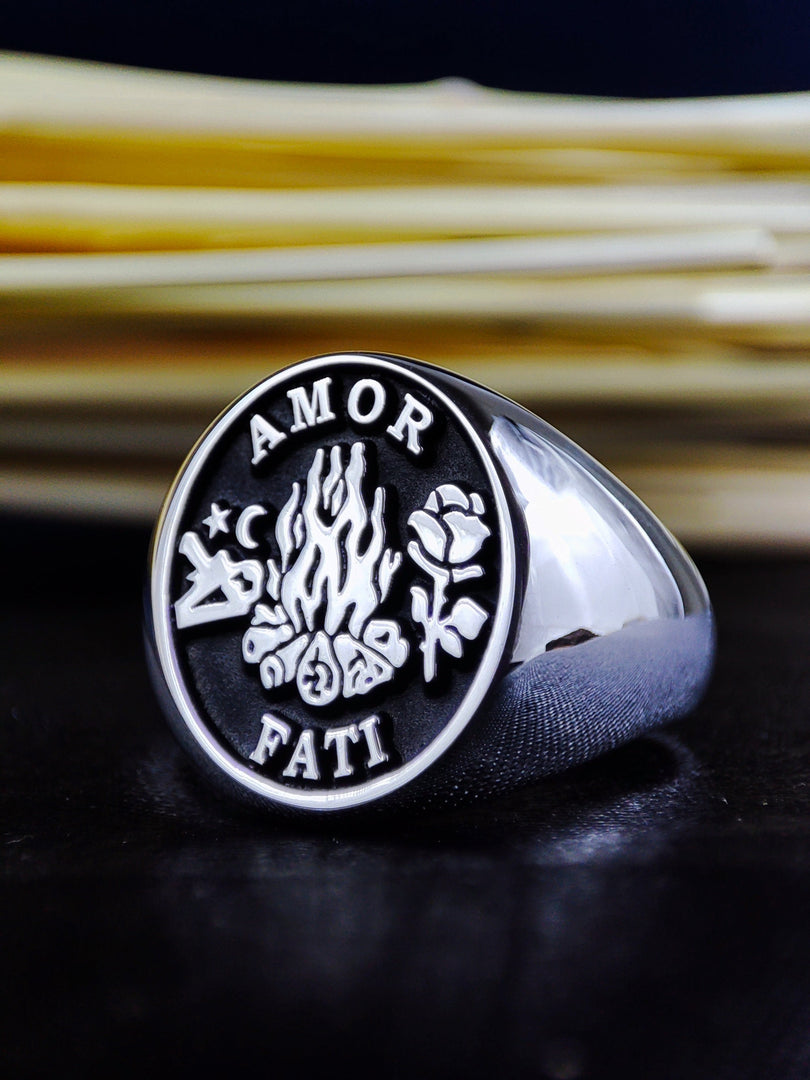 Unique Custom Gothic Skull Memento Mori Signet Ring Amor Fati Jewelry Silver Gift for Him