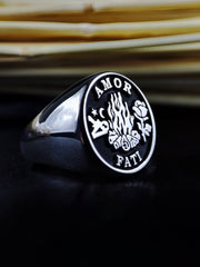 Unique Custom Gothic Skull Memento Mori Signet Ring Amor Fati Jewelry Silver Gift for Him