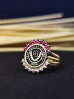 Load image into Gallery viewer, Custom-designed gold-plated women’s university ring, perfect for celebrating educational accomplishments with style and grace.
