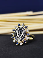 Load image into Gallery viewer, Custom college ring for women, crafted with vibrant stones and a university crest. Ideal for those who appreciate elegant and meaningful jewelry.
