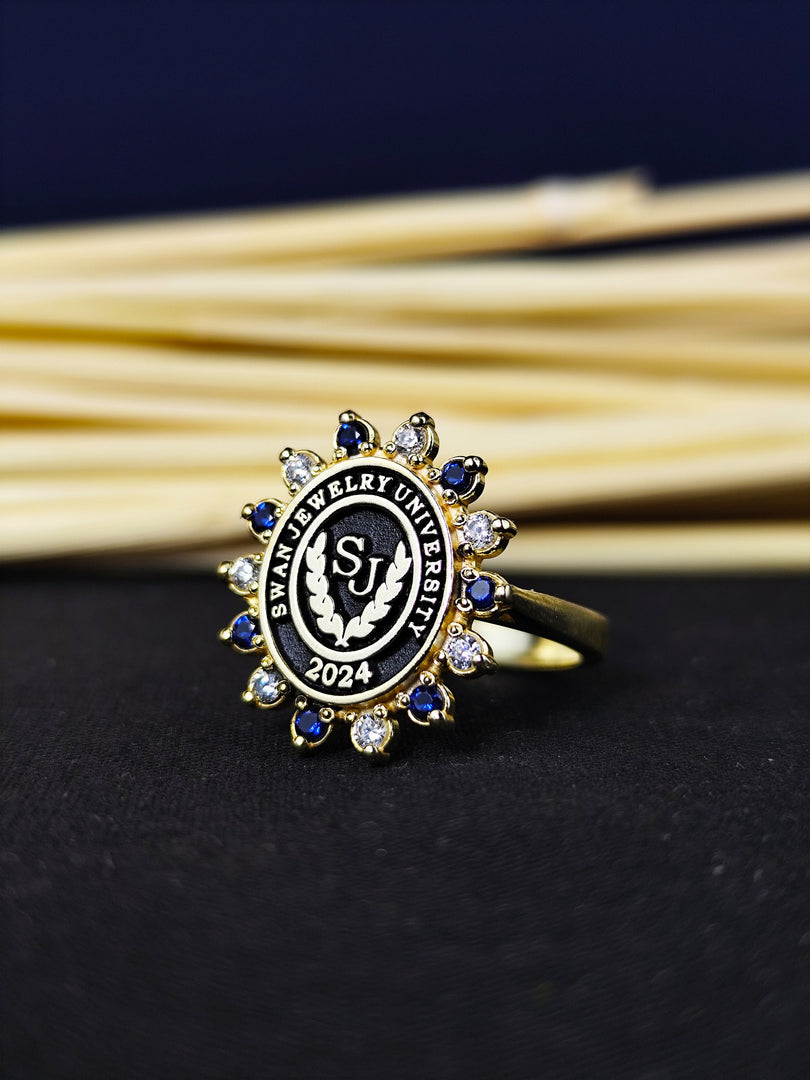 Custom women’s ring with vibrant stones, perfect for celebrating college milestones. This delicate signet ring is crafted for elegance and style.