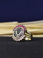 Load image into Gallery viewer, Stylish women’s university ring with a polished gold-plated finish, designed for graduation celebrations and daily elegance.
