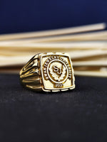 Load image into Gallery viewer, Elegant gold-plated college ring for men, designed to honor graduation milestones. Ideal as a meaningful and timeless gift.
