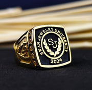 Square stone university ring in gold-filled finish, designed for men. This elegant graduation ring symbolizes academic achievements, perfect as a meaningful gift.