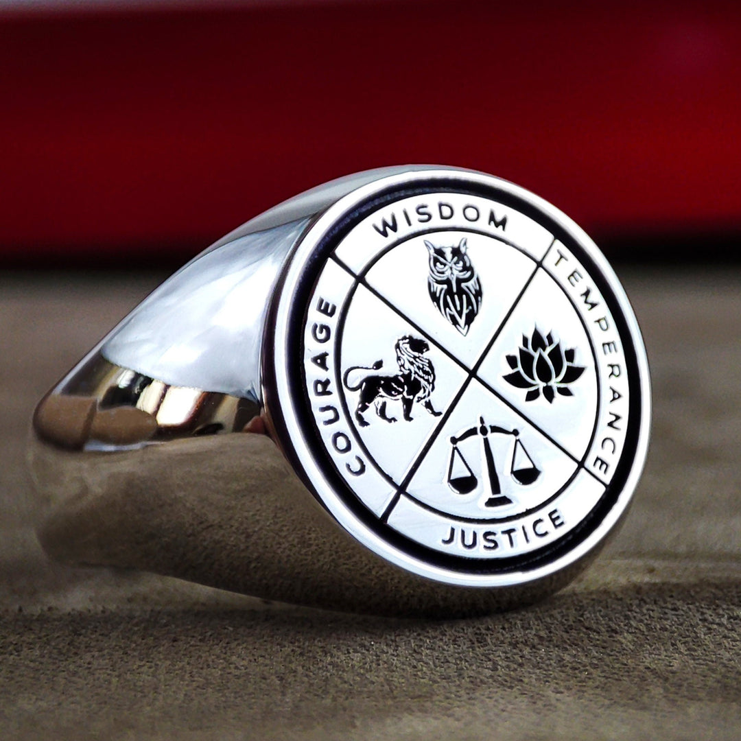 Vintage Gold Stoic Wisdom Courage Justice Temperance Amor Fati Ring Anniversary Gift