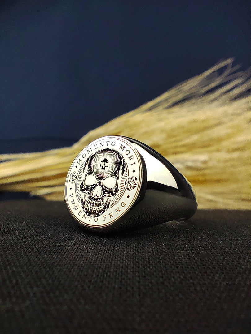 Unique Memento Mori ring design that combines gothic aesthetics with a modern touch, suitable for various occasions