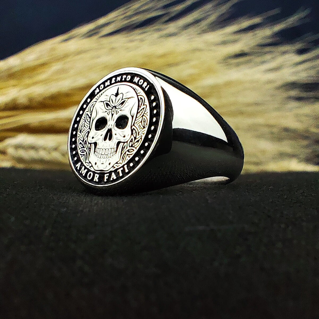 Handmade Memento Mori ring with intricate engravings, perfect for stoic philosophy enthusiasts
