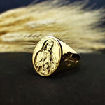 Load image into Gallery viewer, Sacred Virgin Mary ring in gold, a stunning piece of religious jewelry for special occasions.
