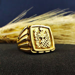 Load image into Gallery viewer, This custom family crest ring is a symbol of heritage and tradition, crafted in gold-plated silver with an intricately engraved coat of arms. Designed for men, this square signet ring is a bold and elegant statement piece. Ideal for those who appreciate regal and noble designs, it is perfect as a commemorative gift, heirloom jewelry, or a stylish addition to any collection.
