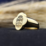 Load image into Gallery viewer, This unique gold-plated family crest ring features a recessed engraving of a custom coat of arms, making it a sophisticated statement piece. Designed for men who appreciate heritage and legacy, this signet ring blends modern craftsmanship with historical elegance. Crafted for durability and refined style, it is the perfect personalized jewelry gift for birthdays, anniversaries, or special milestones.
