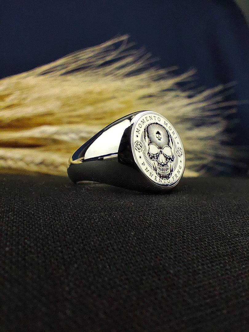 Elegant Memento Mori ring showcasing a minimalist design, ideal for both men and women who appreciate symbolic jewelry