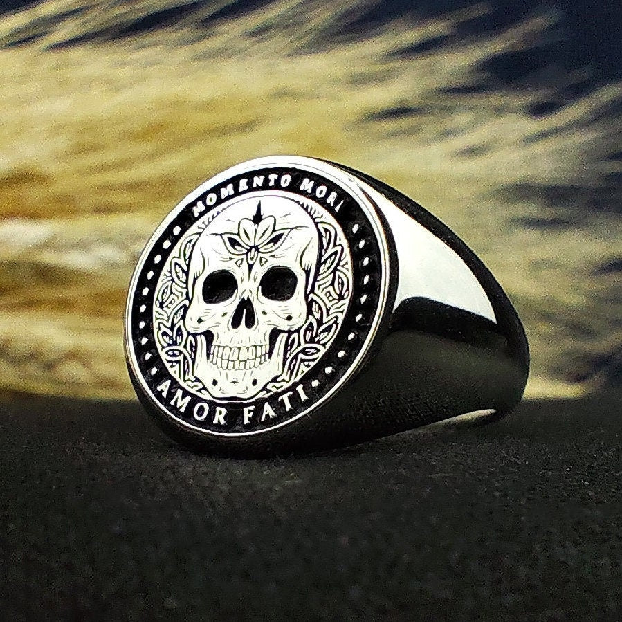 Handcrafted Memento Mori ring with personalized engraving options