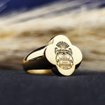 Load image into Gallery viewer, This custom gold-plated family crest ring is a timeless keepsake, featuring a unique signet design with a recessed engraving. Crafted for men who appreciate luxury and tradition, this ring symbolizes strength and ancestry. Whether worn daily or reserved for formal occasions, it serves as an elegant heirloom that carries personal heritage and legacy.
