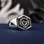 Load image into Gallery viewer, Elegant silver university ring for men, featuring a unique hexagonal design. A stylish accessory for daily wear or special occasions.
