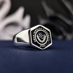 Load image into Gallery viewer, Hexagonal silver university ring, designed for men to celebrate academic achievements. A bold and timeless graduation keepsake.

