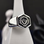 Load image into Gallery viewer, Custom men’s college ring with a hexagonal design, crafted in high-quality silver. Perfect for graduates or proud alumni.
