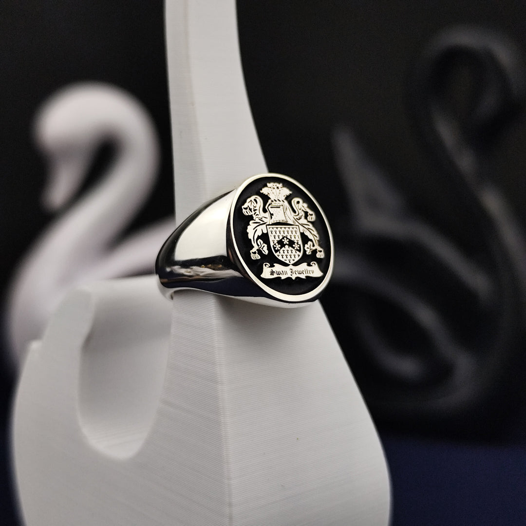 Men’s engraved ring with a unique family crest design, crafted in silver. This heritage ring serves as a lasting tribute to one’s ancestry, suitable for both formal and casual wear.