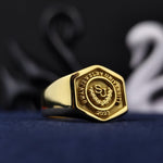 Load image into Gallery viewer, Custom college signet ring in a hexagonal design, gold-plated for a luxurious look. Perfect for alumni or recent graduates.
