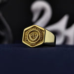 Load image into Gallery viewer, Gold-plated university ring with a hexagonal design, perfect for men celebrating academic milestones. A timeless and meaningful piece.
