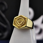 Load image into Gallery viewer, Hexagonal gold-plated university ring, crafted for men to celebrate academic success. A unique and stylish graduation keepsake.
