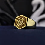 Load image into Gallery viewer, Personalized college graduation ring for men, crafted in a hexagonal gold-plated style. A sophisticated accessory for academic pride.
