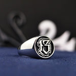 Load image into Gallery viewer, Custom Engraved Number Signet Ring with Old English Lettering, Personalized Jewelry Gift
