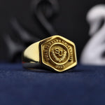 Load image into Gallery viewer, Elegant men’s hexagonal university ring, featuring a gold-plated finish and a bold college crest. Ideal for daily wear or special occasions.
