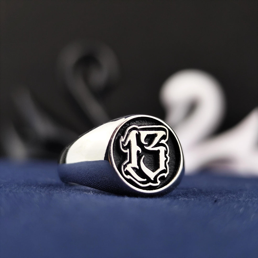 Custom Engraved Number Signet Ring with Old English Lettering, Personalized Jewelry Gift