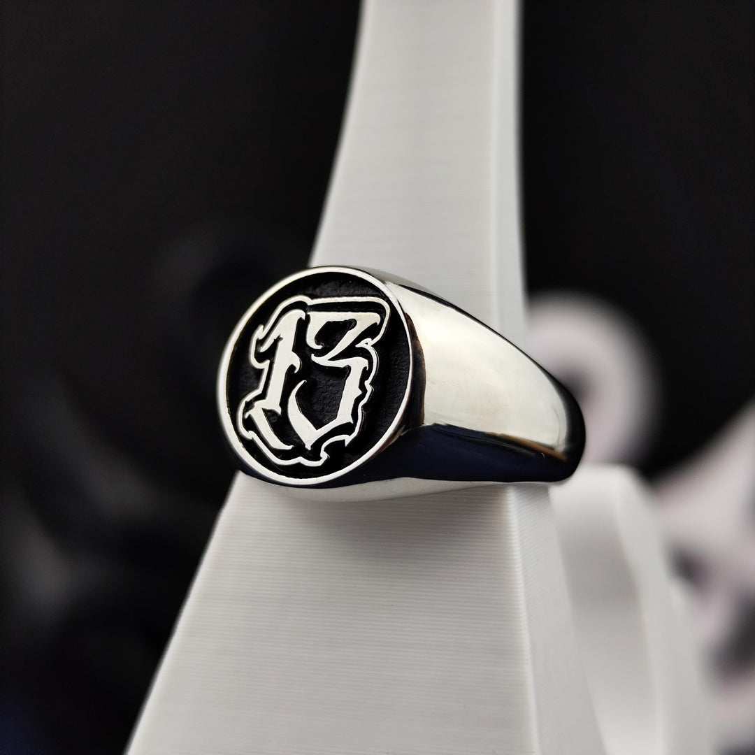 Custom Engraved Number Signet Ring with Old English Lettering, Personalized Jewelry Gift