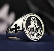 Silver Christian Jesus Face Ring Catholic Cross Jewelry Gift for Men