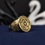 Load image into Gallery viewer, Custom gold-plated graduation ring with a sleek design, crafted for men and women. Perfect for honoring milestones in style.
