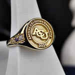 Load image into Gallery viewer, A stunning minimalist university ring for women, crafted in a delicate gold or silver finish. This sleek and simple class ring represents graduation pride in an understated way. Designed as a timeless keepsake, it’s perfect for stacking or wearing alone. A beautiful gift for students, alumni, or those who appreciate elegant academic jewelry that blends tradition with modern style.
