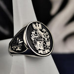 Load image into Gallery viewer, Silver Family Crest Ring – Custom Engraved Coat of Arms Signet for Men and Women
