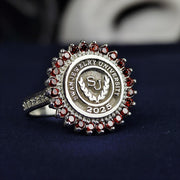 Elegant women’s university ring in silver, featuring a sleek round design. This ring is perfect for celebrating academic milestones and graduation with style and meaning, suitable for both daily wear and formal occasions.