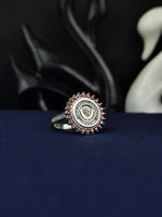 Load image into Gallery viewer, Round silver college ring for women, crafted with a minimalist and sophisticated style. This piece honors academic accomplishments and offers a timeless design for daily wear or as a thoughtful graduation gift.
