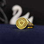 Load image into Gallery viewer, Personalized gold-plated university ring for women, featuring a minimalist aesthetic. Ideal as a thoughtful graduation gift or academic keepsake.
