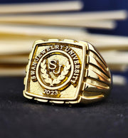 Custom college graduation ring in gold plating, designed for men who value tradition and style.