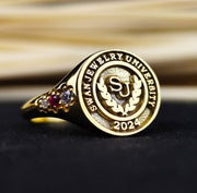 Minimalist gold university ring for women, designed to celebrate academic success with understated elegance. A timeless graduation accessory.