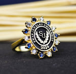Load image into Gallery viewer, Delicate graduation ring with colorful stones, crafted in gold. Perfect as a keepsake for women, symbolizing academic success and cherished memories.
