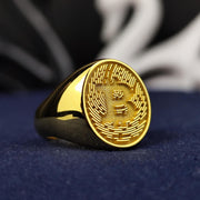 Crypto Bitcoin ring crafted with a luxurious gold finish, featuring a sleek blockchain-inspired design. Perfect for cryptocurrency investors and digital finance enthusiasts.