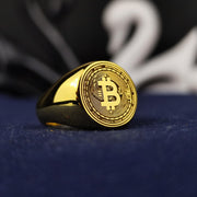 Exclusive Bitcoin signet ring crafted with a sleek gold finish, perfect for cryptocurrency enthusiasts who want to showcase their digital wealth in style. A unique blend of fashion and blockchain innovation.