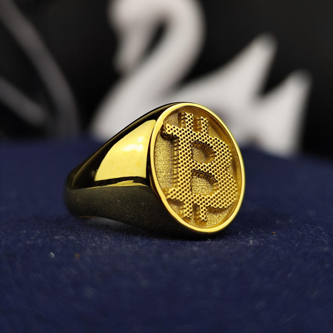 Minimalist gold Bitcoin ring with a modern design, symbolizing financial innovation and digital wealth. A stylish and meaningful gift for blockchain enthusiasts.