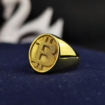 Load image into Gallery viewer, Custom gold Bitcoin ring, designed with a high-quality finish. An ideal gift for cryptocurrency traders and digital finance advocates looking for a stylish statement piece.
