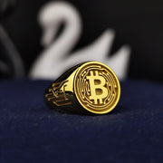 Luxury Bitcoin ring crafted in high-quality gold, featuring a sleek design that represents the future of finance and blockchain innovation. Perfect for crypto enthusiasts and investors.