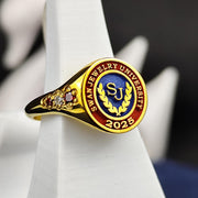 Minimalist gold plated university ring featuring a delicate stone-set design. A timeless and elegant piece for women, perfect as a college keepsake or graduation gift.