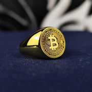 Gold Bitcoin signet ring featuring an elegant blockchain-inspired design, making it a stylish statement piece for crypto investors and tech-savvy individuals.