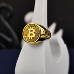 Load image into Gallery viewer, Gold-plated Bitcoin fashion ring, designed to showcase blockchain pride and financial success. A trendy and meaningful crypto accessory.
