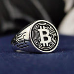 Load image into Gallery viewer, Elegant silver Bitcoin ring designed for cryptocurrency investors and blockchain enthusiasts. Featuring a minimalist BTC symbol, this stylish piece is perfect for daily wear or as a collector&#39;s item.
