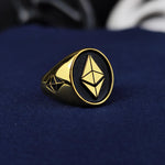 Load image into Gallery viewer, Modern Ethereum signet ring, crafted in gold for an elegant and sophisticated look. This sleek jewelry piece is a must-have for crypto investors and enthusiasts, celebrating the power of blockchain technology. A perfect balance of style and symbolism, this gold ETH ring makes a meaningful gift for those embracing digital assets, investment strategies, and the ever-evolving world of cryptocurrency.

