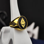 Load image into Gallery viewer, Gold-plated Ethereum ring with a refined design, blending blockchain aesthetics with timeless luxury. Designed for crypto lovers, traders, and investors, this stylish accessory highlights the power of Ethereum and decentralized finance. Whether worn as a fashion statement or an investment symbol, this premium-quality ring makes a perfect gift for blockchain supporters and those passionate about digital currency.
